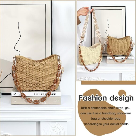Straw Handbags Purses Crossbody Pocketbook Bag Casual Woven Beach Bags Summer Ho - Picture 3 of 6